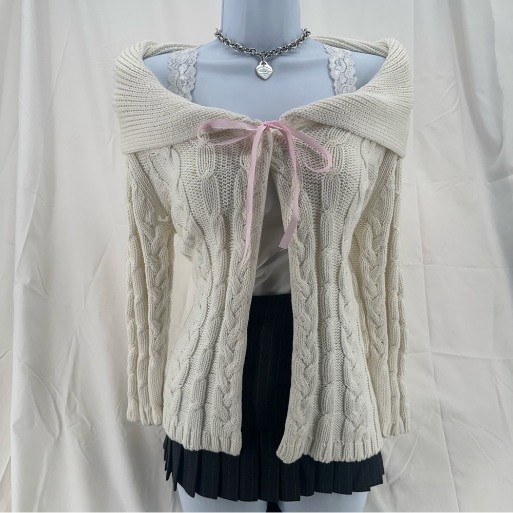 Cottage core Vintage Y2K Cable Knit Shawl Collar Sweater Cream